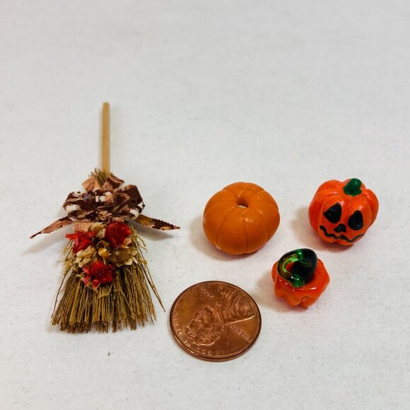 Dollhouse Miniatures Fall Decoration Pumpkin Glass Femo Harvest Broom as is - Picture 3 of 9